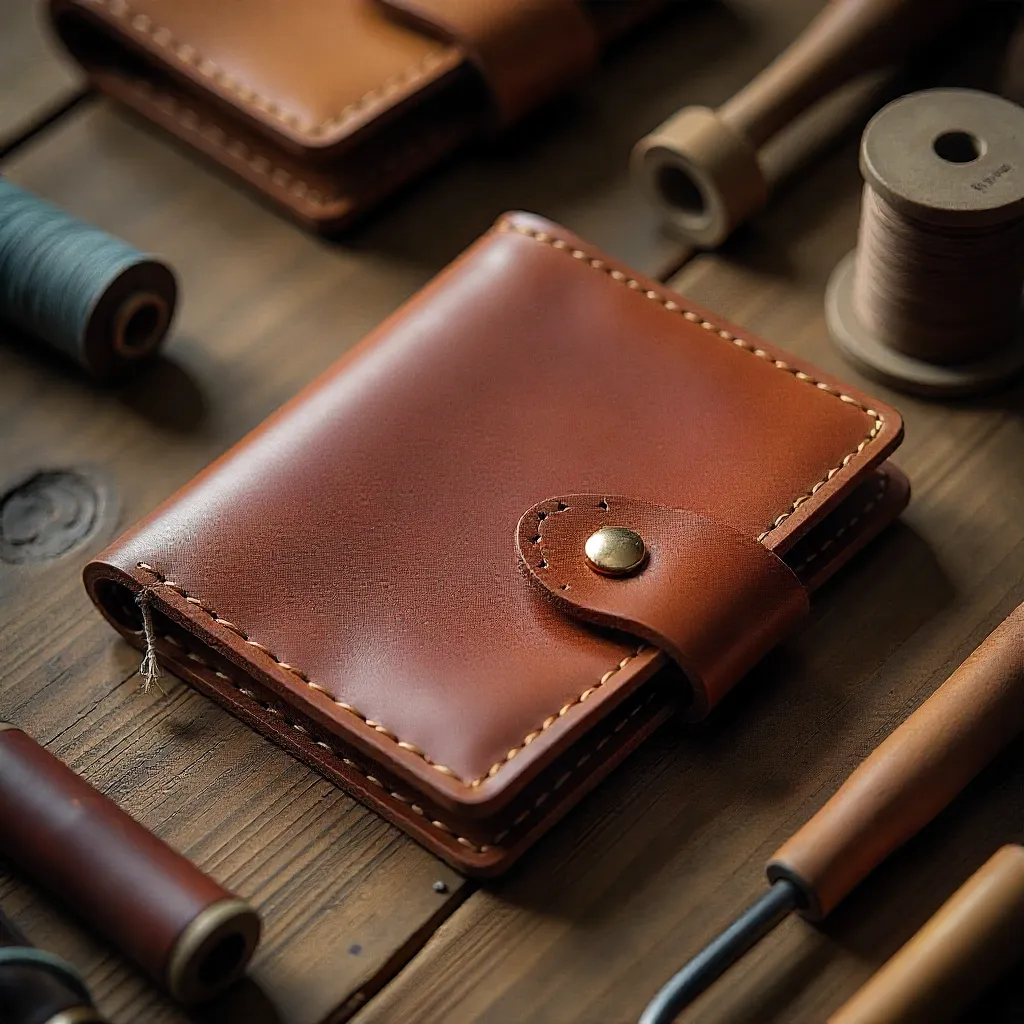 Handcrafted leather wallet on wooden surface